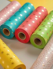 Colorful rolls of decorative wrapping paper in various patterns and colors. The scene includes pink, blue, red, green, and yellow rolls with star designs.