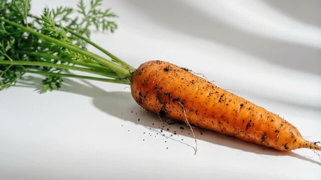 Single Orange Carrot With Green Stems and Dirt on White Background Studio Lighting