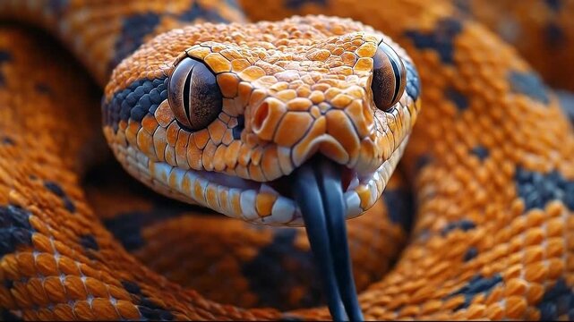Close-up of a vibrant orange and black snake resting on a branch