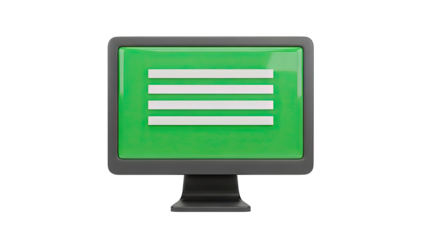 3D Computer Monitor with Green Screen and Menu Icons on transparent background