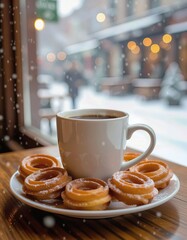 A warm cup of coffee sits on a wooden table next to a plate of sweet pastries. Snow falls outside, creating a cozy winter atmosphere.