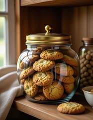 A glass jar filled with freshly baked cookies sits on a wooden shelf. The cookies are golden brown and have a crunchy texture. Natural light illuminates the scene.
