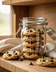 A glass jar filled with chocolate chip cookies sits on a wooden shelf. Some cookies are placed beside the jar. Soft natural light illuminates the scene.
