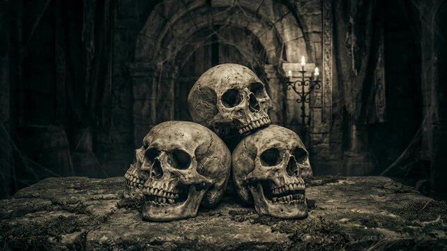 Three Ancient Skulls Stacked on a Moss Covered Stone Altar in a Dark Gothic Chamber Lit by a Single Candle