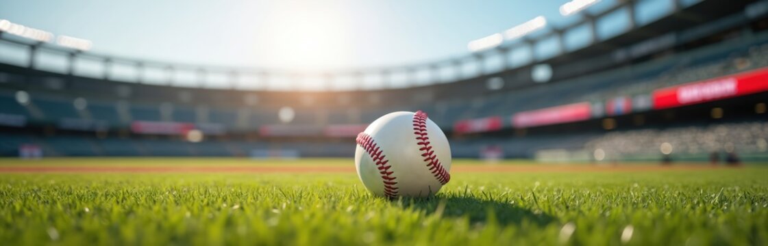 Baseball rests on green grass field at stadium. Ball waits for play in empty ballpark with bright sun. Sports arena background for game promotions.