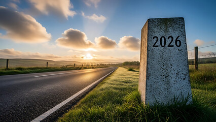 Milestone marker with year 2026 on road side at sunset, signifying journey and future destination