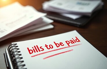 Notebook with red text bills to be paid rests on desk. Stack of papers and invoices form background. Pen lays on spiral bound pad ready for use. Financial planning concept.