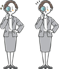 虫眼鏡をのぞくビジネスウーマン　全身　ベクター