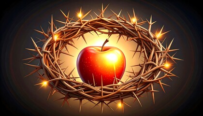 Forbidden Fruit: Apple Encircled by a Crown of Thorns, a symbolic representation