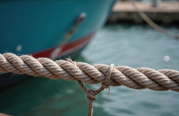 Thick nautical rope securely fastens boat to dock post. Close up of twisted fiber line, knot visible, securing vessel against calm blue water. Marine scene.
