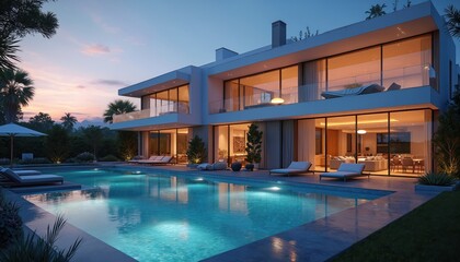 Fototapeta premium Modern luxury villa with swimming pool at twilight. Large glass windows reveal illuminated interior spaces. Palm trees and manicured lawns surround the estate.