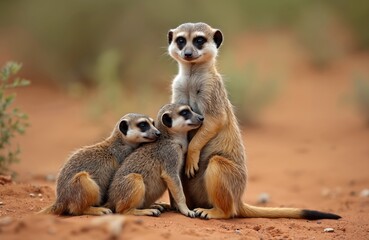 Fototapeta premium Three meerkats huddle together on sandy ground. One adult stands watchfully over two young pups nestled beside. Look alert, curious in natural desert habitat. Family close, protected.