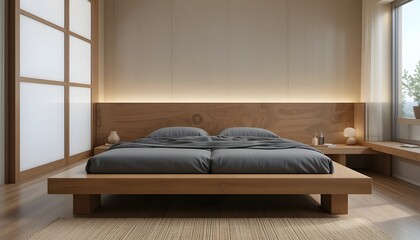 A serene bedroom scene featuring a minimalist wooden bed, gray bedding, and soft lighting from a window and bedside lamps in a tranquil modern interior.