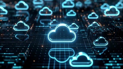 Cloud Computing: A futuristic image of glowing cloud icons hovering over a complex network of data lines, symbolizing the modern concepts of cloud computing, data storage, and digital transformation. - Powered by Adobe