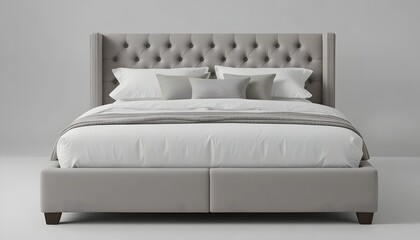 A modern bed with a tufted headboard and white linens in a minimalist room