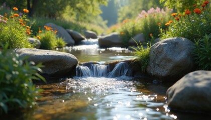 Clear water flows over rocks in a sunny stream. Lush green plants and orange flowers grow beside the babbling brook. Sunlight sparkles on the water surface creating a peaceful, natural scene.