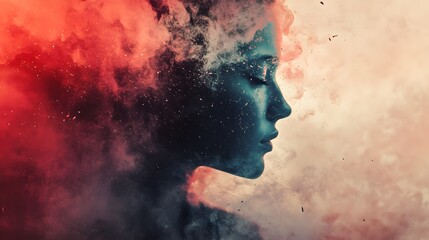 A woman's face is partially obscured by a swirling cloud of red, blue, and white smoke.