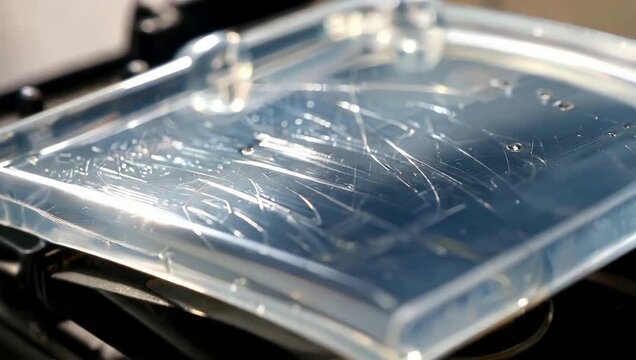 Close-up of a clear plastic tray with water droplets and scratches, reflecting light.