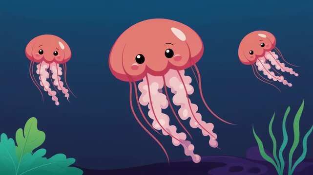 Cartoon jellyfish swimming in the ocean with seaweed.