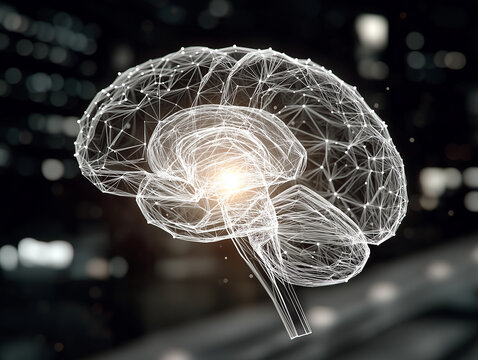 Brain network illustration : a detailed illustration of a human brain with a blurred cityscape in the background. representing the power of intelligence and the complexity of cognitive processes.
