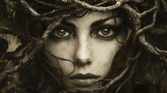A woman's face with roots and branches around her head, creating a crown or halo. Her eyes are the main focus and her expression is intense and mysterious.