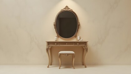 An ornate vanity with a mirror and stool stands elegantly against a marble wall in a serene, well-lit room with a neutral color palette.