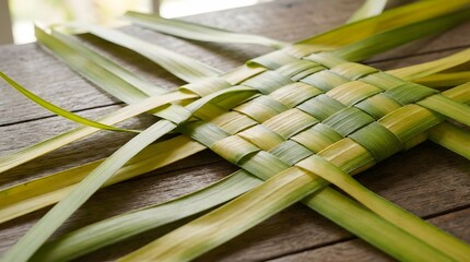Traditional craft of weaving fresh green palm leaves together on a wooden table.