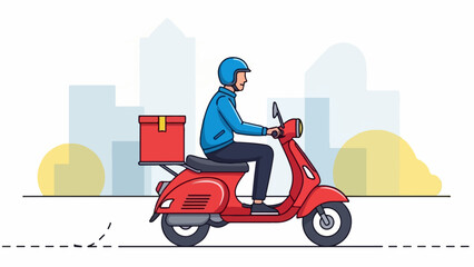 Fast and reliable urban delivery service with a swift courier on a vibrant red motor scooter, quickly transporting packages and food for modern logistics