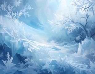 A stylized, wintry landscape features icy textures and frosty flora, creating a serene, glacial atmosphere