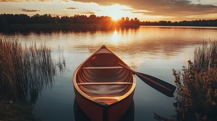 A wooden canoe sits on a tranquil lake with a sunset in the background, perfect for a peaceful and relaxing getaway.
