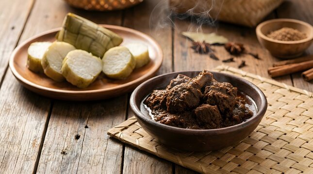 Traditional Indonesian Beef Rendang with Ketupat rice cakes served on a rustic wooden table with spices.
