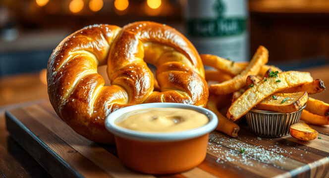 Giant Soft Pretzel with Beer Cheese Sauce and Crispy Potato Wedges