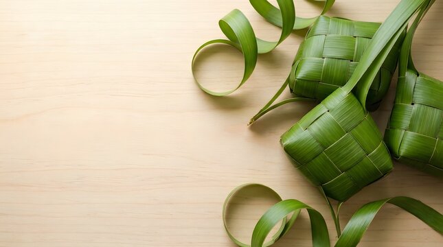 Traditional Ketupat rice dumplings for Hari Raya Aidilfitri celebration on a plain background.