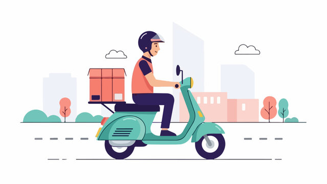Delivery person riding a scooter with a package on the back, concept of quick delivery and urban transportation - Powered by Adobe