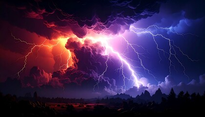 A vibrant, stormy scene with lightning splitting purple and orange clouds over a dark, forested landscape