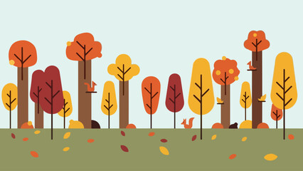 A vibrant autumnal forest illustration showcasing a collection of stylized trees in various warm fall colors, with playful squirrels and scattered leaves creating a serene natural landscape scene © ZAK