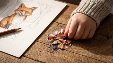 Child hand touching colorful pencil shavings on wooden table next to fox drawing.