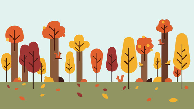 A vibrant autumnal forest illustration showcasing a collection of stylized trees in various warm fall colors, with playful squirrels and scattered leaves creating a serene natural landscape scene