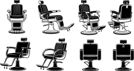 Barber chair silhouette icon set, black vintage and modern salon seating collection, professional hair cutting furniture symbols, clean detailed flat vector illustration isolated on white background