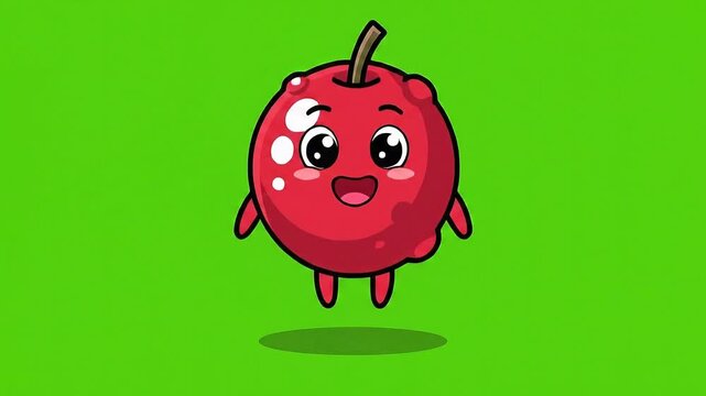 Happy Red Apple Character Isolated On Green Screen Background With Pixel Art Style