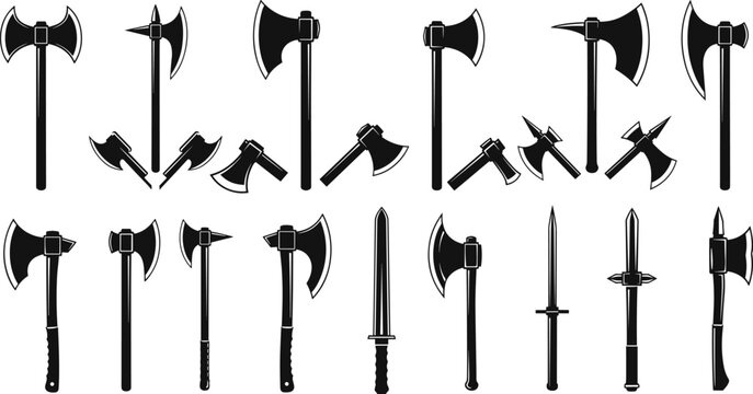Battle axe and medieval weapon silhouettes set, fantasy and historical combat tools collection, black vector illustration for warriors, games, heraldry, logo design