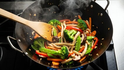 A steaming wok filled with stir-fried vegetables and noodles on a stovetop