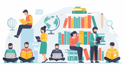 Illustration of people reading books and using laptops in a library, surrounded by bookshelves and educational symbols © ZAK