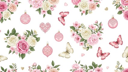Pink floral pattern with butterflies and hearts.