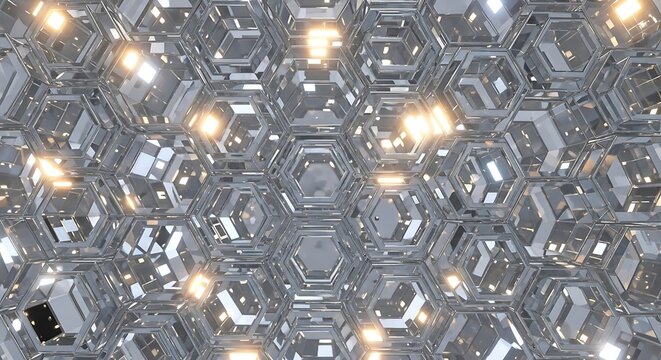 Abstract digital pattern of metallic hexagon shapes with warm glowing lights - Powered by Adobe