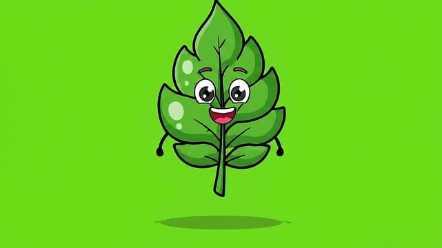 Joyful Green Leaf Character Animated Pixel Art with Happy Expression and Isolated on Chroma Key Green Background