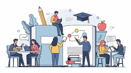 Collaborative learning and knowledge acquisition in a vibrant educational environment, with students and educators engaged in study, research, and skill development