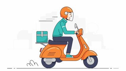 Dynamic illustration of a speedy courier delivering packages on an orange retro scooter, showcasing efficient and quick urban delivery service with a modern flair