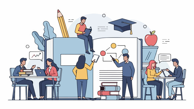 Collaborative learning and knowledge acquisition in a vibrant educational environment, with students and educators engaged in study, research, and skill development - Powered by Adobe