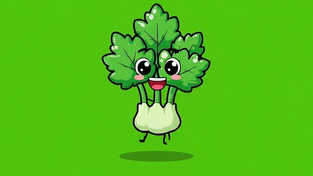 Joyful Celery Character Dancing on a Bright Green Background with Pixelated Art Style